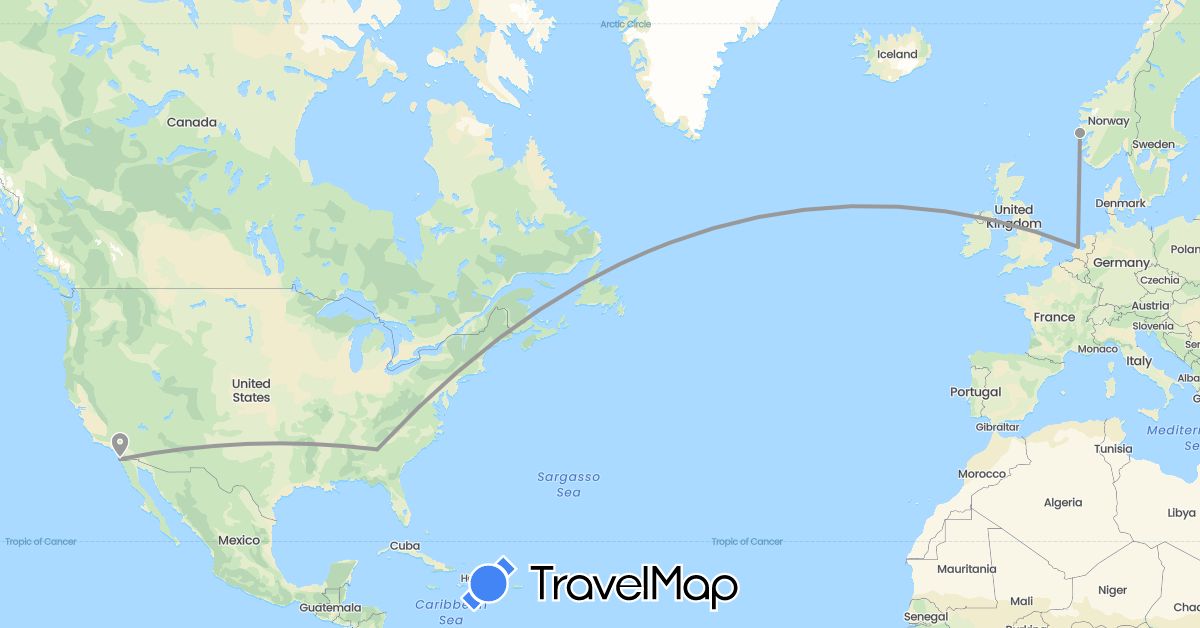 TravelMap itinerary: driving, plane in Netherlands, Norway, United States (Europe, North America)
